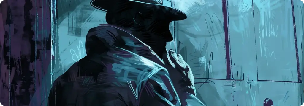 Donkere, mysterieuze personage-illustratie die de sfeer van het spel Mafia weergeeft